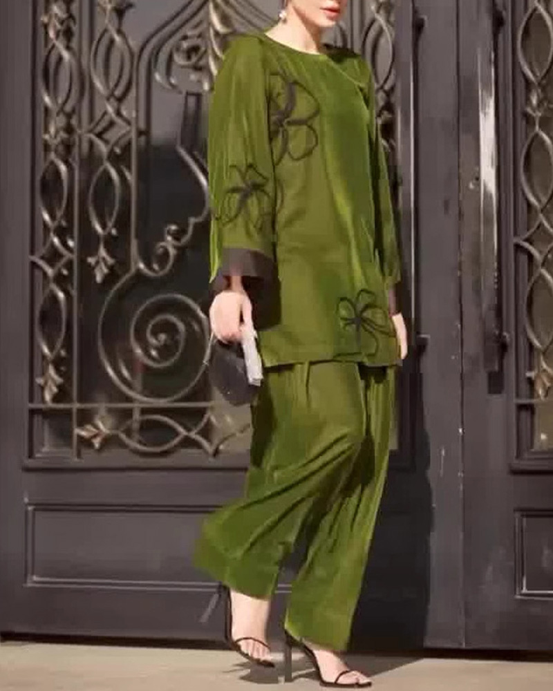 Breathable Embroidered Long-sleeved Trousers Two-piece Set