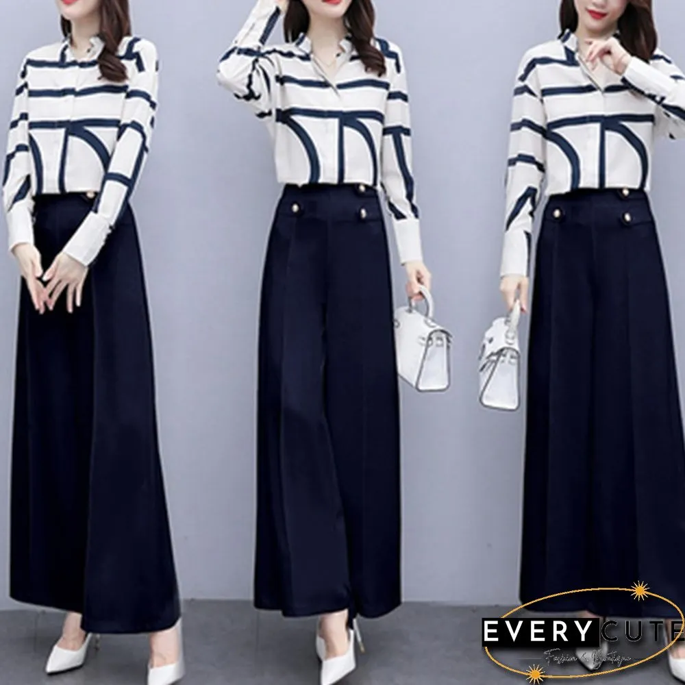 Autumn Fashion Office Two Piece Set Outfits Women Striped Chiffon Shirt Wide Leg Pants