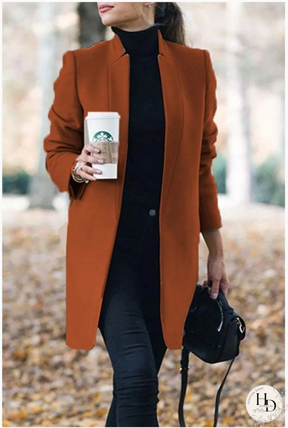 New Autumn and Winter Fashion Womens Solid Color Stand-Up Collar Woolen Coat Lapel Wool