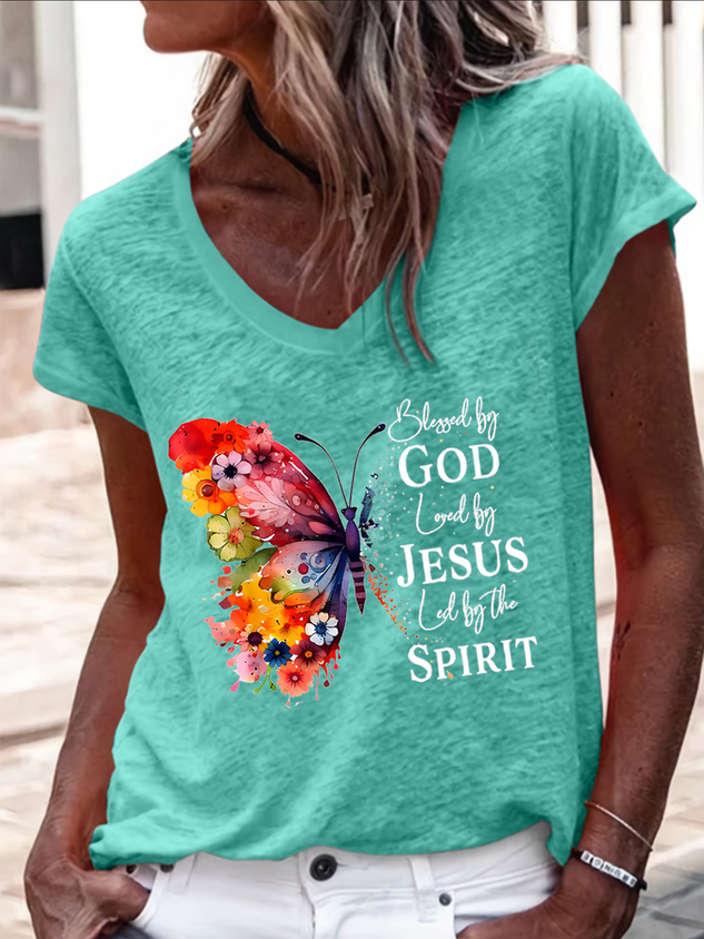 Blessed By God Loved By Jesus Led By The Spirit Casual Regular Fit V Neck Plain T-Shirt socialshop