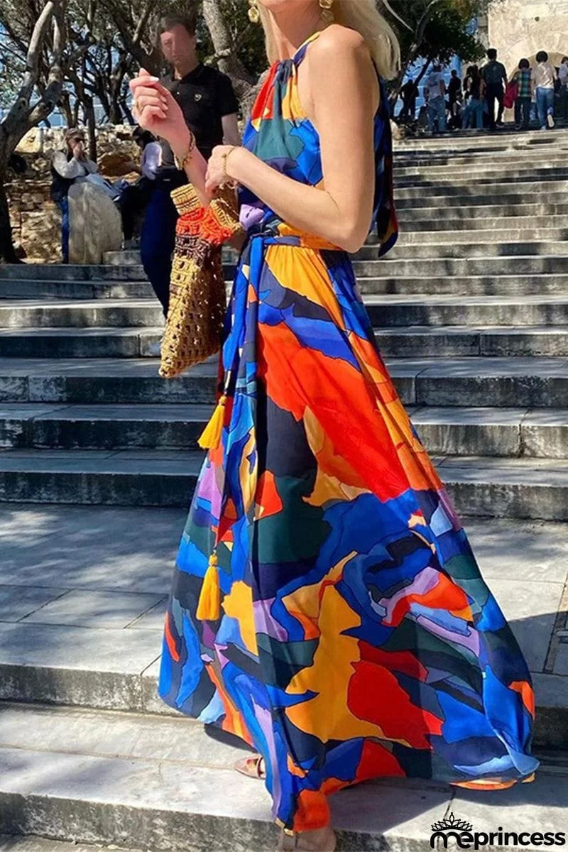 Bohemian Elegant Geometric Print Frenulum Halter Sleeveless Dress Dresses