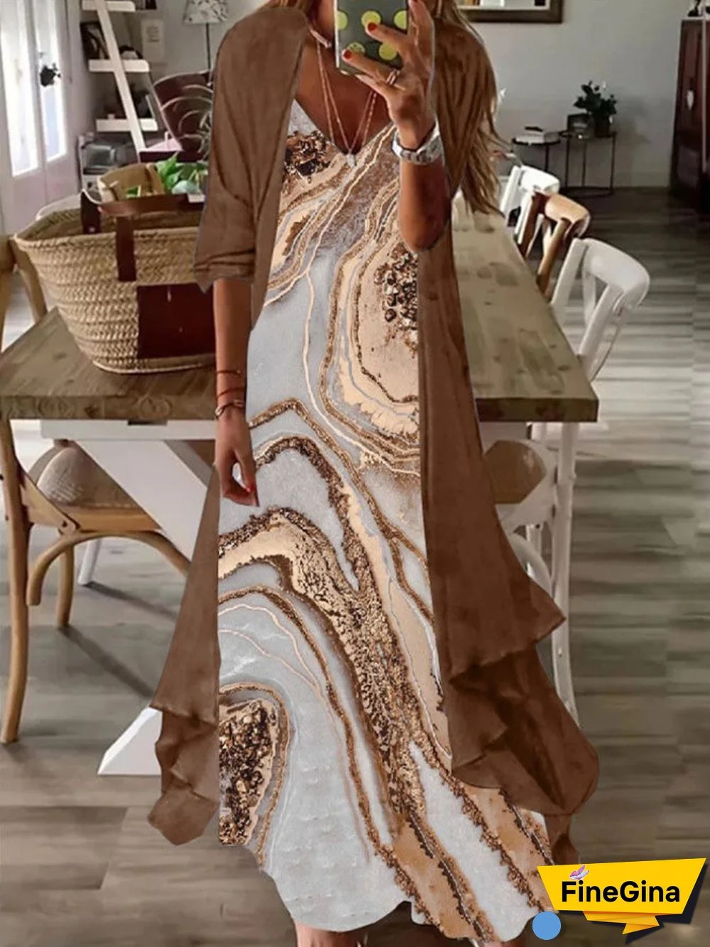 Women's Long Sleeve V-neck Graphic Printed Two Pieces Maxi Dress