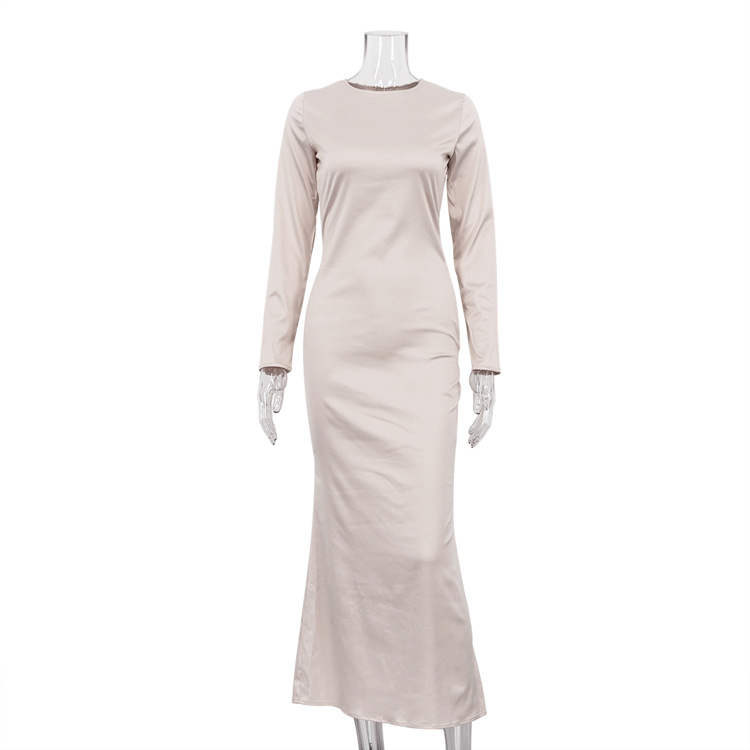Ootddress Hollow Out Satin Fashion Maxi Dress Female High Waist Slim Scoop Neck Long Sleeve Dress Solid Zipper Party Dress Summer