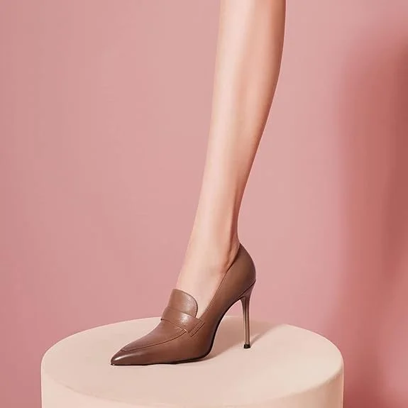 Brown Vegan Leather Pointed Toe Elegant Pumps with Stiletto Heels