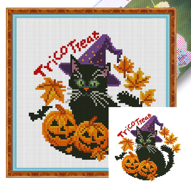 【Mona Lisa Brand-Cotton】Halloween pumpkin black cat 24*24cm 11CT Stamped Canvas Cross Stitch gbfke