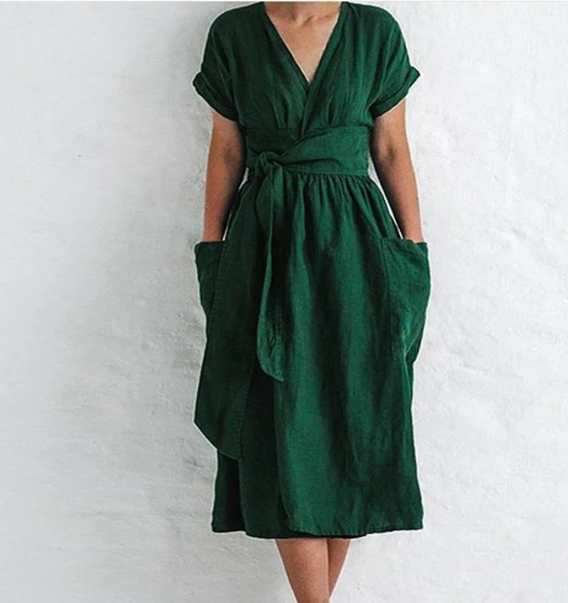 V-neck Short-sleeve Pocket Plain Cotton Linen Dress