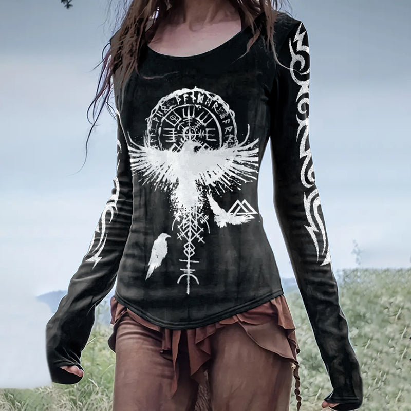 Retro Vintage Viking Eagle Graphics Long-Sleeved T-Shirt