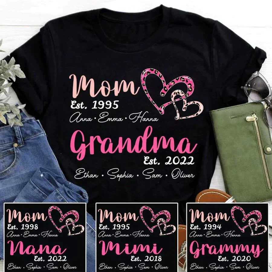 Mom, Kids, Grandma, Grandkids Name Heart Leopard Print T-shirt