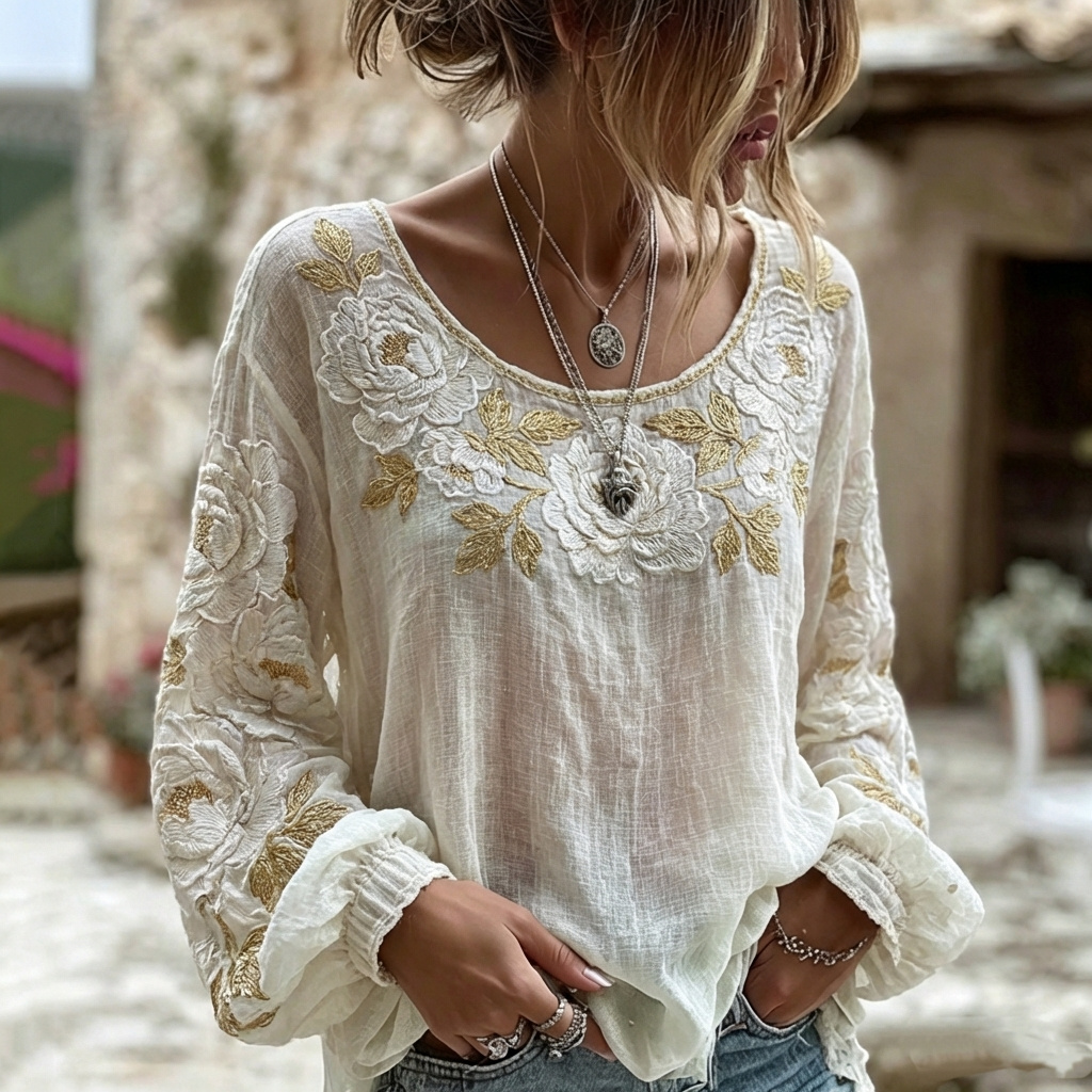 Women's Retro Floral Art Pattern Crew Neck Linen Blend Casual T-shirt elevenforest