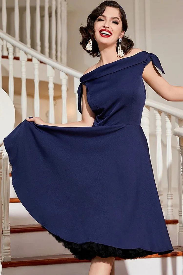 1950s Navy Blue Party Satin Off The Shoulder Bow Flare Swing Midi Dress
