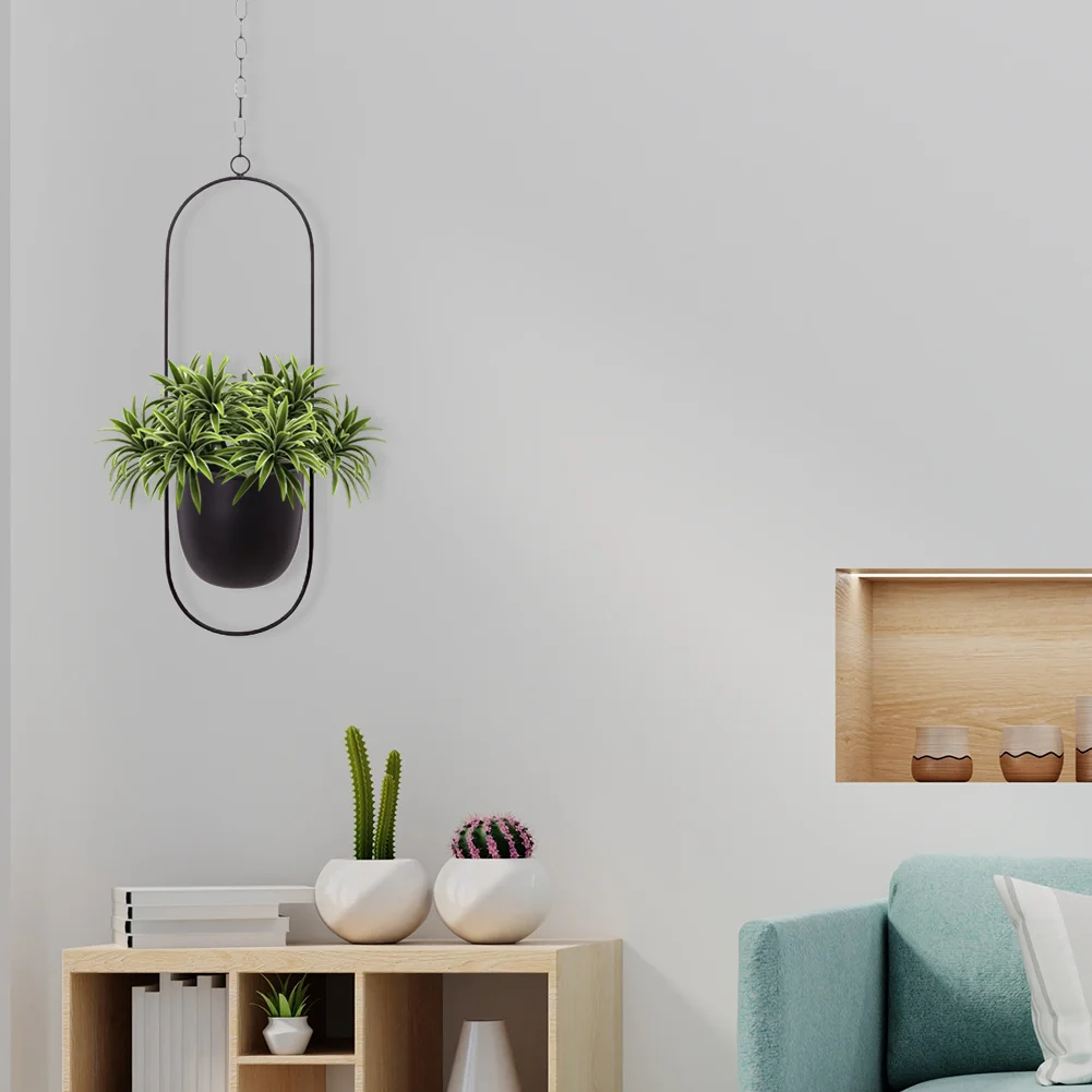 Nordic Hanging Iron Flower Pot Garden Succulent Chain Hanger Basket (Black)