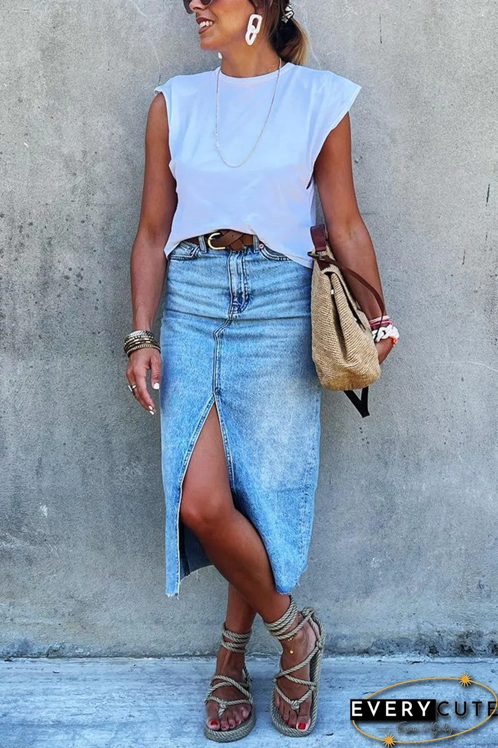 Fashion Slit Regular High Waist Type H Solid Color Bottoms