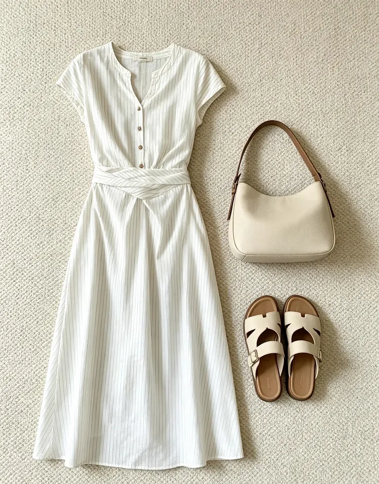 White Pinstripe Waist-Tie Shirt Dress