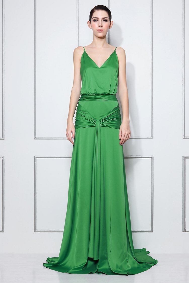 Green V-neck Shirred Backless Prom Dress Inspired Celebrity - Shop Trendy Women's Clothing | LoverChic