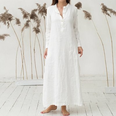 Women's V-neck Solid Color Linen Dress