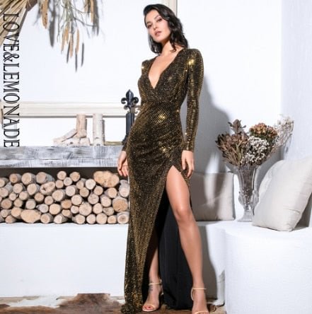 Sexy Gold Deep V-Neck Cut Out Puff Sleeves Glitter Sequins Elastic Material Maxi Dress LM81715 - BlackFridayBuys