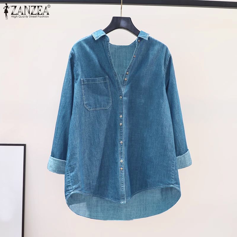 Women Denim Shirt 2024 Spring Pocket Buttons Tops ZANZEA Vintage Long Sleeve Shirt Casual Retro Lapel Blusas Oversized