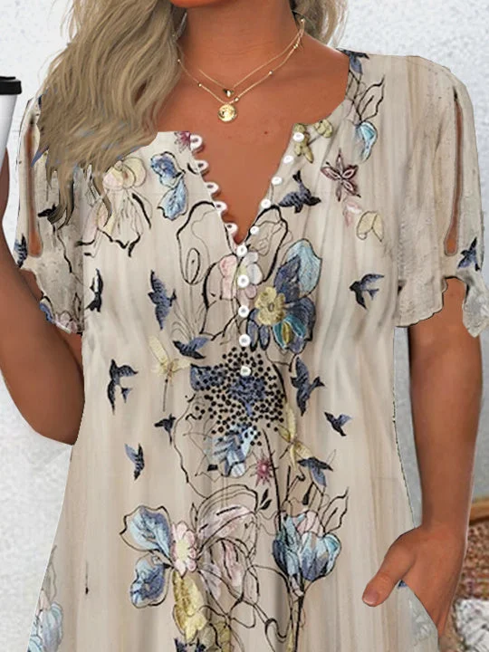 Women's Short Sleeve V-neck Graphic Lace-up Buttons Tops