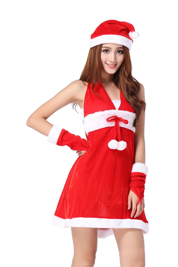 Sexy Halter Christmas Santa Costume Dress For Women Red-elleschic