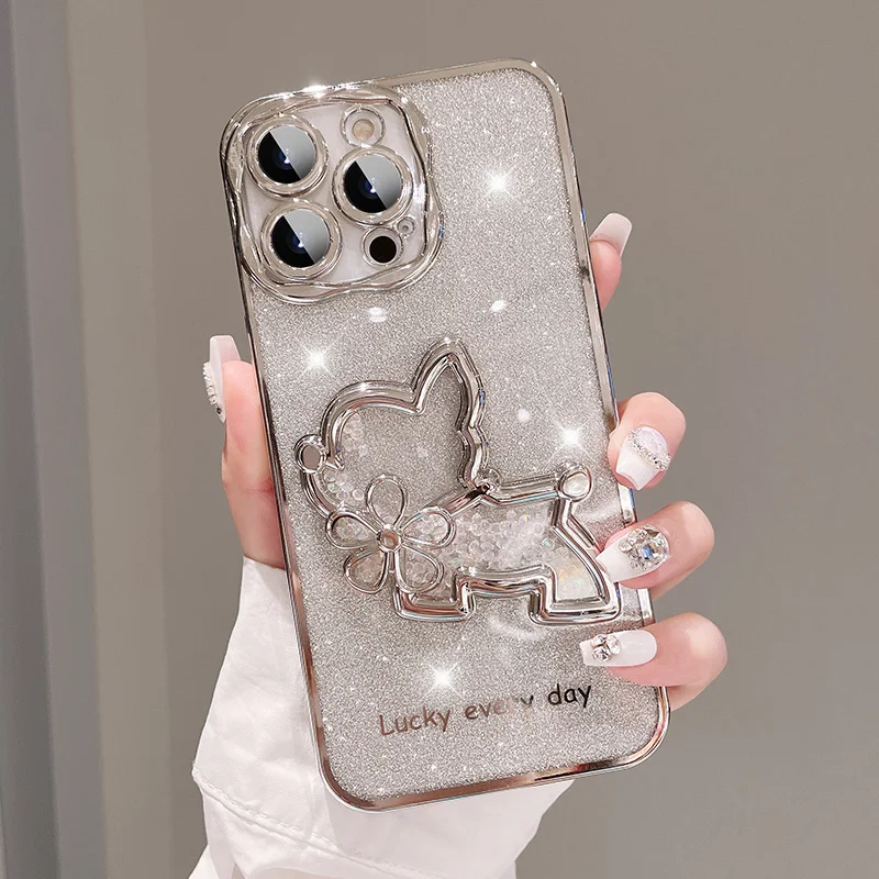 Glitter Quicksand Puppy Electroplated Frame Phone Case With Bracelet For IPhone 14/14 Pro/14 Pro Max/13/13 Pro/13 Pro Max