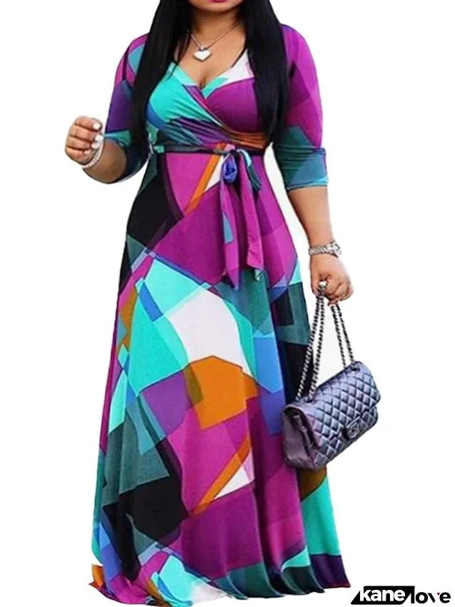 Plus Size Casual Dress Color Block Long Dress Maxi Dress 3/4 Length Sleeve Lace up Print V Neck Fashion Daily Purple Summer Spring L XL XXL 3XL 4XL for Women