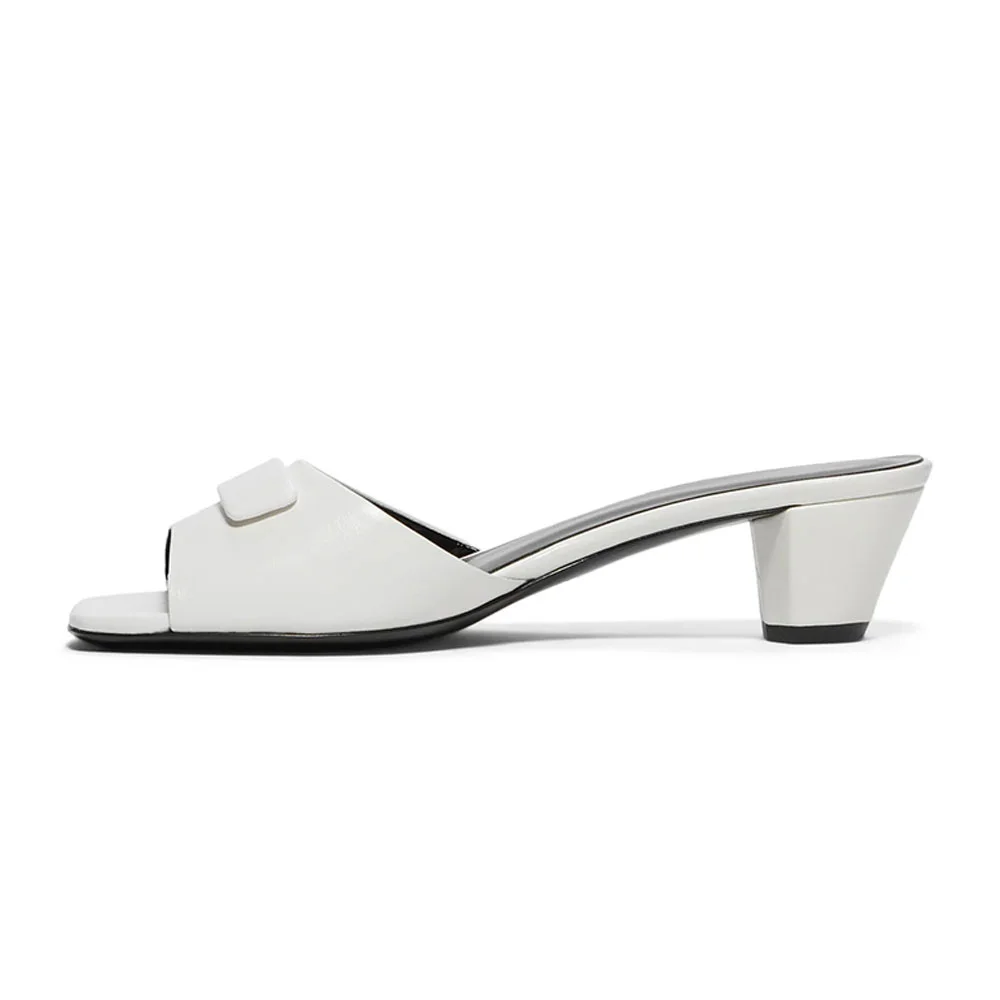 White Vegan Leather Wide Strap Square Toe Cone Heel Mules Shoes