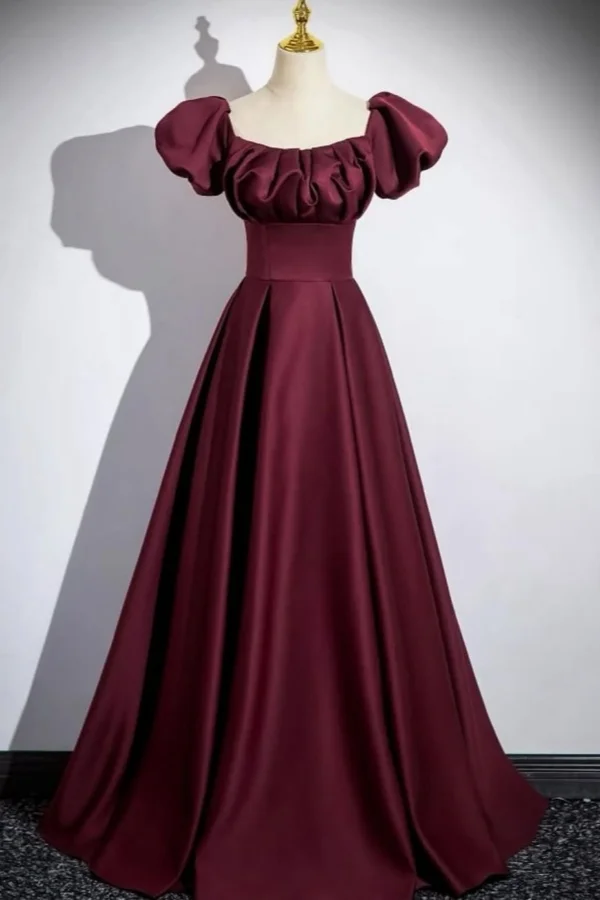 Elegant Burgundy Off-The-Shoulder Pleated Satin Prom Dress YK0005
