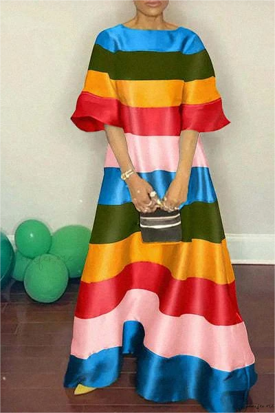 Colorful Wide Striped Round Collar Loose Maxi Dress