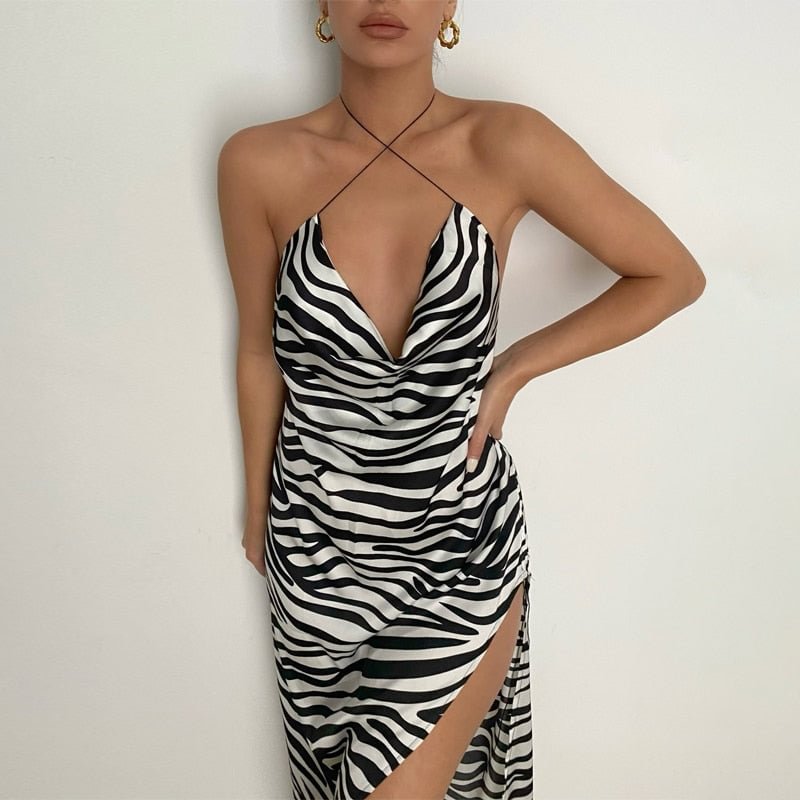 Hugcitar 2021 Sleeveless Backless Halter Slit Zebra Print Sexy Mini Slip Dress Summer Women Fashion  Club Outfits