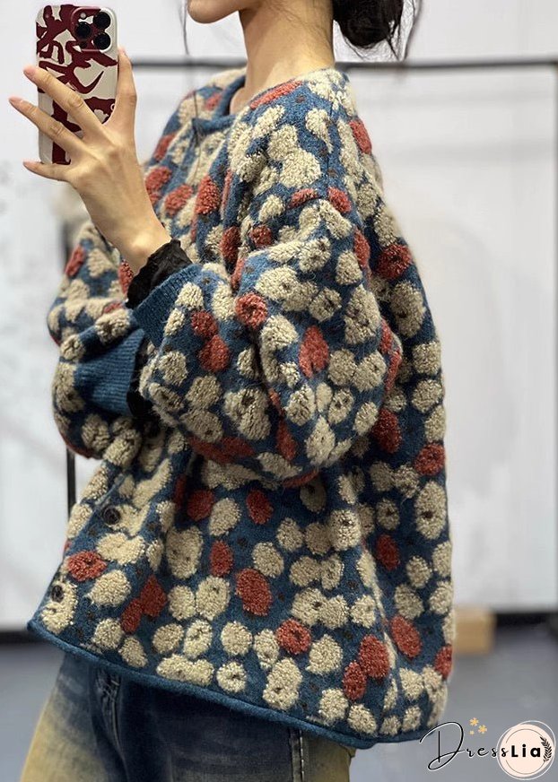 Stylish Blue O Neck Jacquard Plus Size Knit Sweaters Coats Fall