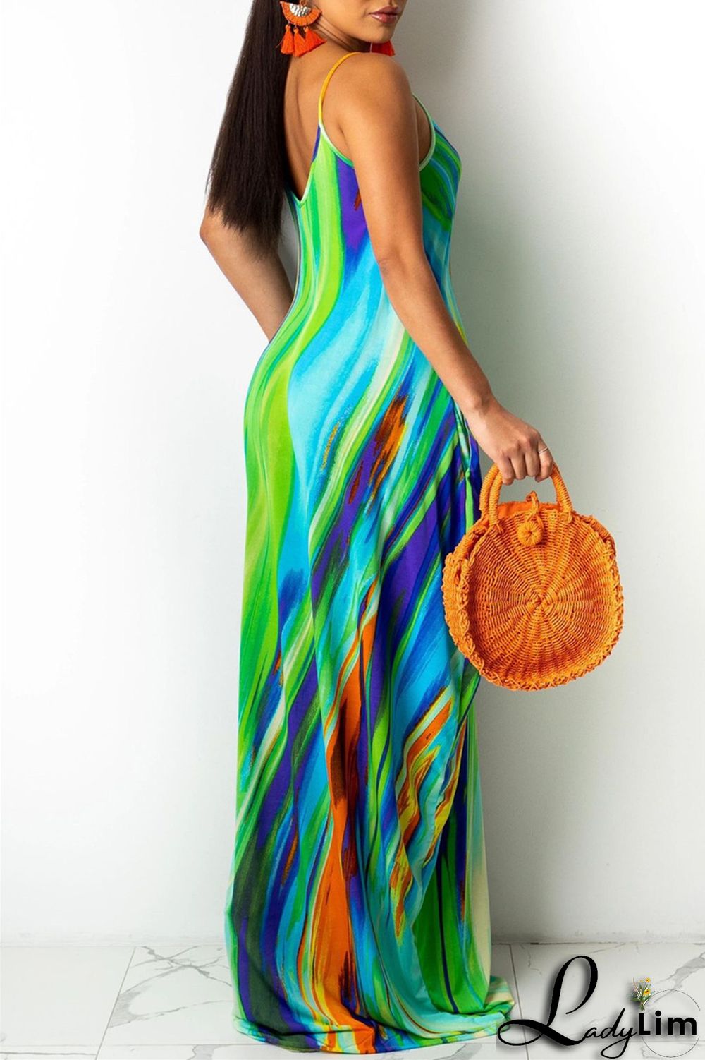 Red Fashion Sexy Print Backless Spaghetti Strap Long Dress