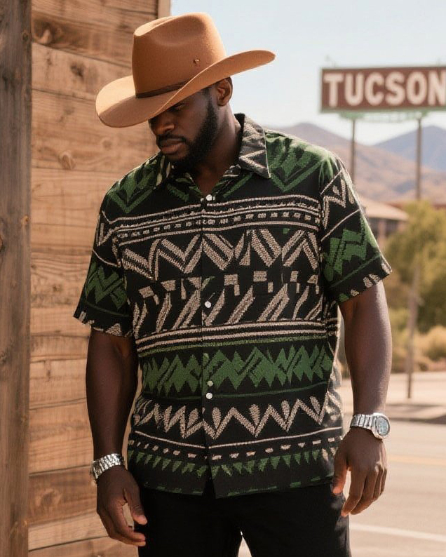 Men's Plus Size Western Denim Navajo Geometry: Diamond Zigzag, Triangular Thunder Cloud, Arrow Feather Radial Print Short Sleeve Shirt