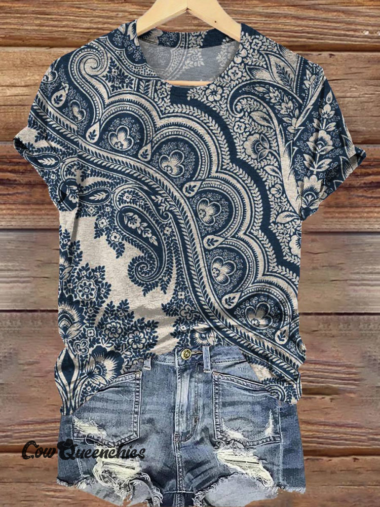Blue Paisley Flower Print T-Shirt Multicolor / S
