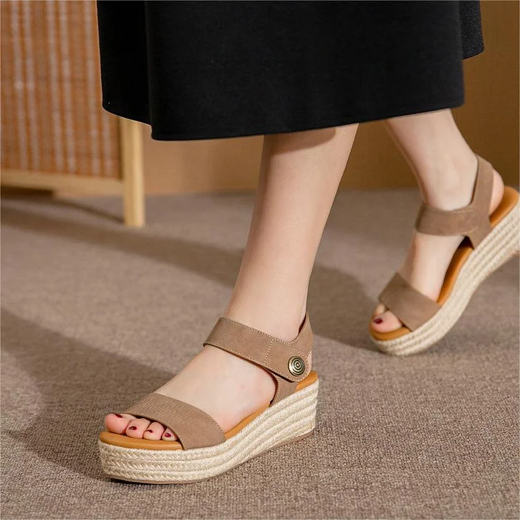 Summer Open Toed Grass Woven Sponge Cake Sole Straight Line Buckle Sandals  Stunahome.com