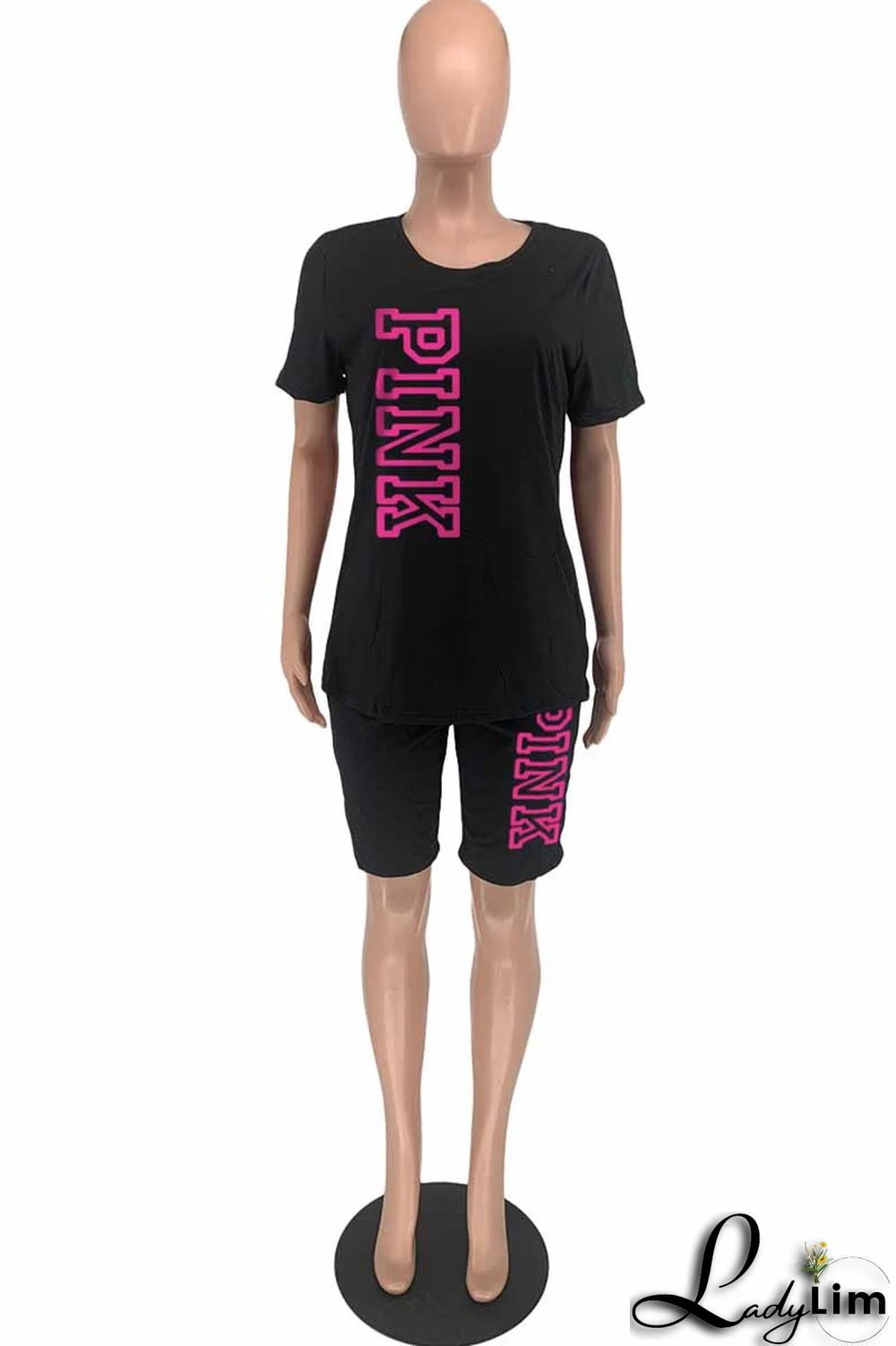 Blue Casual Print Letter O Neck Short Sleeve Two Pieces