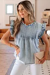 Women's Beau Blue Ruffle Pleated Vintage Washed Denim Sleeveless Top