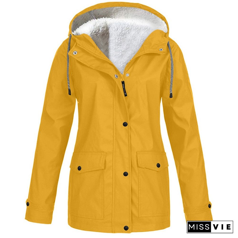 Womens Fashion All Seasons Outdoor Waterproof Rain Jacket Casual Loose Plus Size Hooded