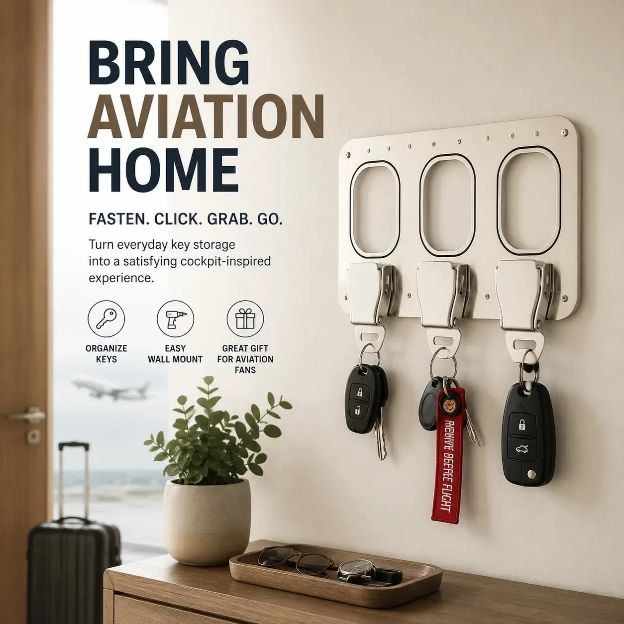 Aviation-inspired wall-mounted key organizer