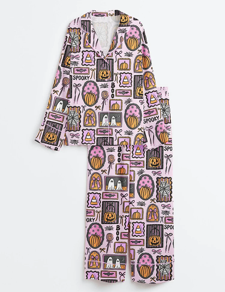 Women&rsquo;s Trendy Spooky Frames Halloween Pumpkin Ghost Girly Spooky Patchwork Print Long Sleeve Satin Pajama Set