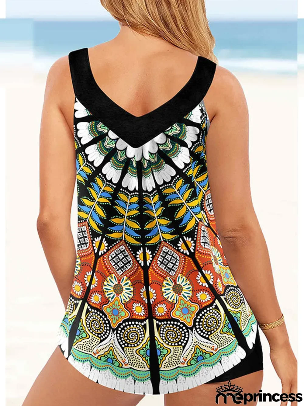 Women Strap Floral Printed Colorblock Tankini Set