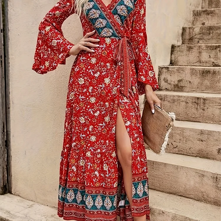 Ethnic Floral Print Surplice Neck Dress, Boho Flared Long Sleeve Dress, Women's Clothing