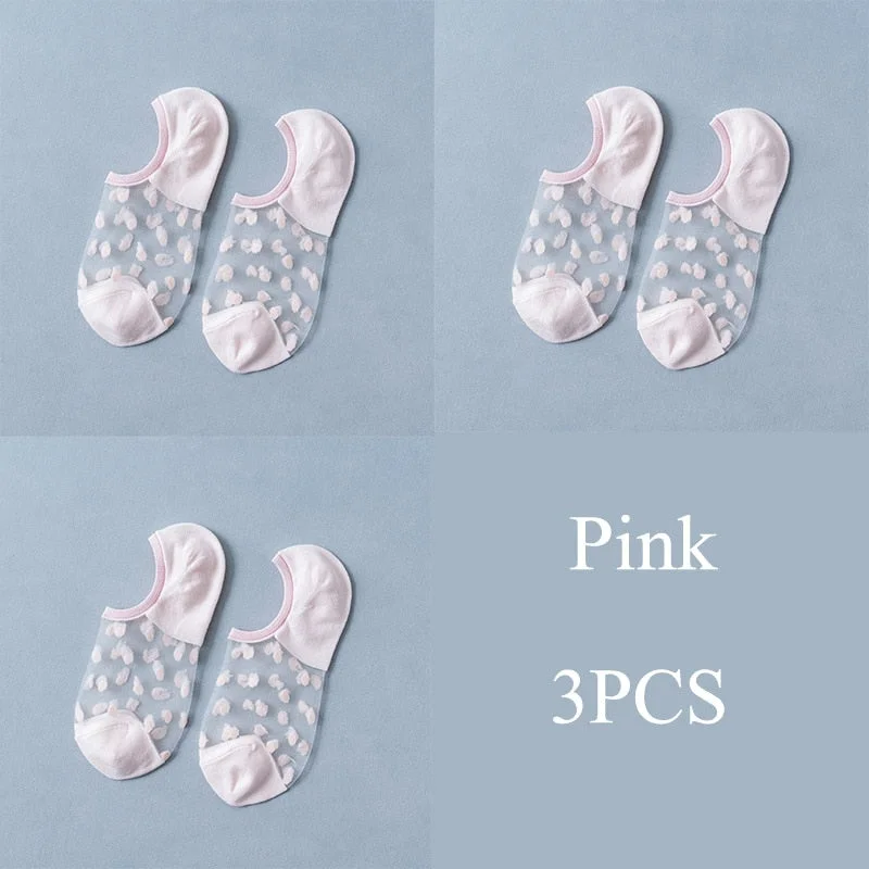 3 Pairs/Set Crystal Lace Socks Summer Women Transparent Lace Silk Flower Girls Elastic Invisible Short Boat Socks Female Sox