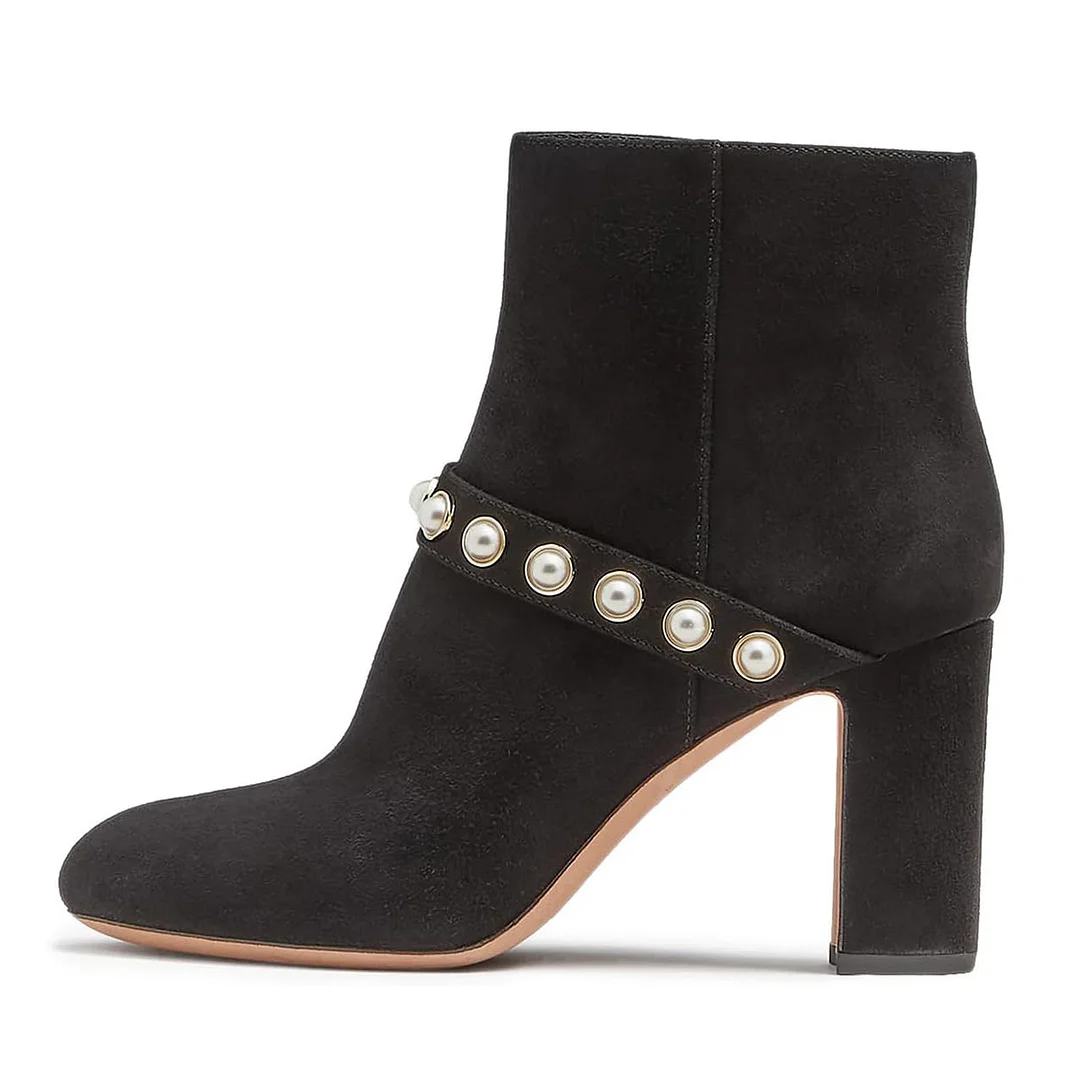 Black Vegan Suede Round Toe Chunky Heel Zipper Ankle boots with Pearls