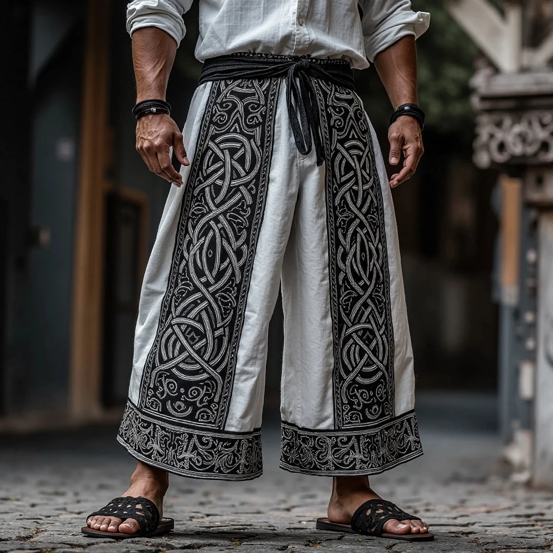 Elegant Embroidered Wide-Leg Trousers with Traditional Design-inspireuse