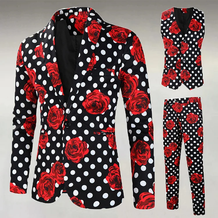 Men's Casual Floral Polka Dot Lapel Collar Vest & Blazer & Pants 3Pcs Set