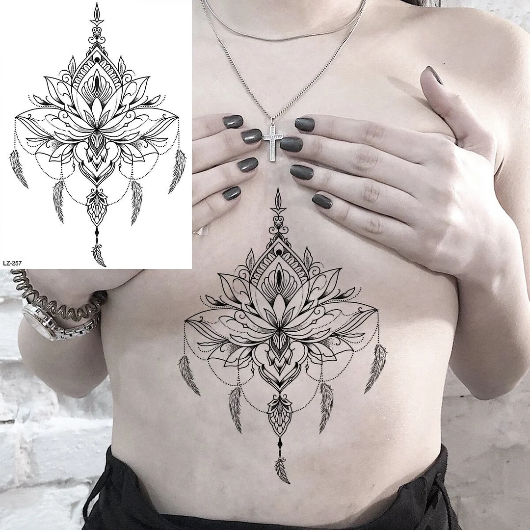 Black Lotus Pendant Underboob Temporary Tattoos For Women Adult Mandala Butterfly Snake Skull Fake Body Art Tatoos Paper
