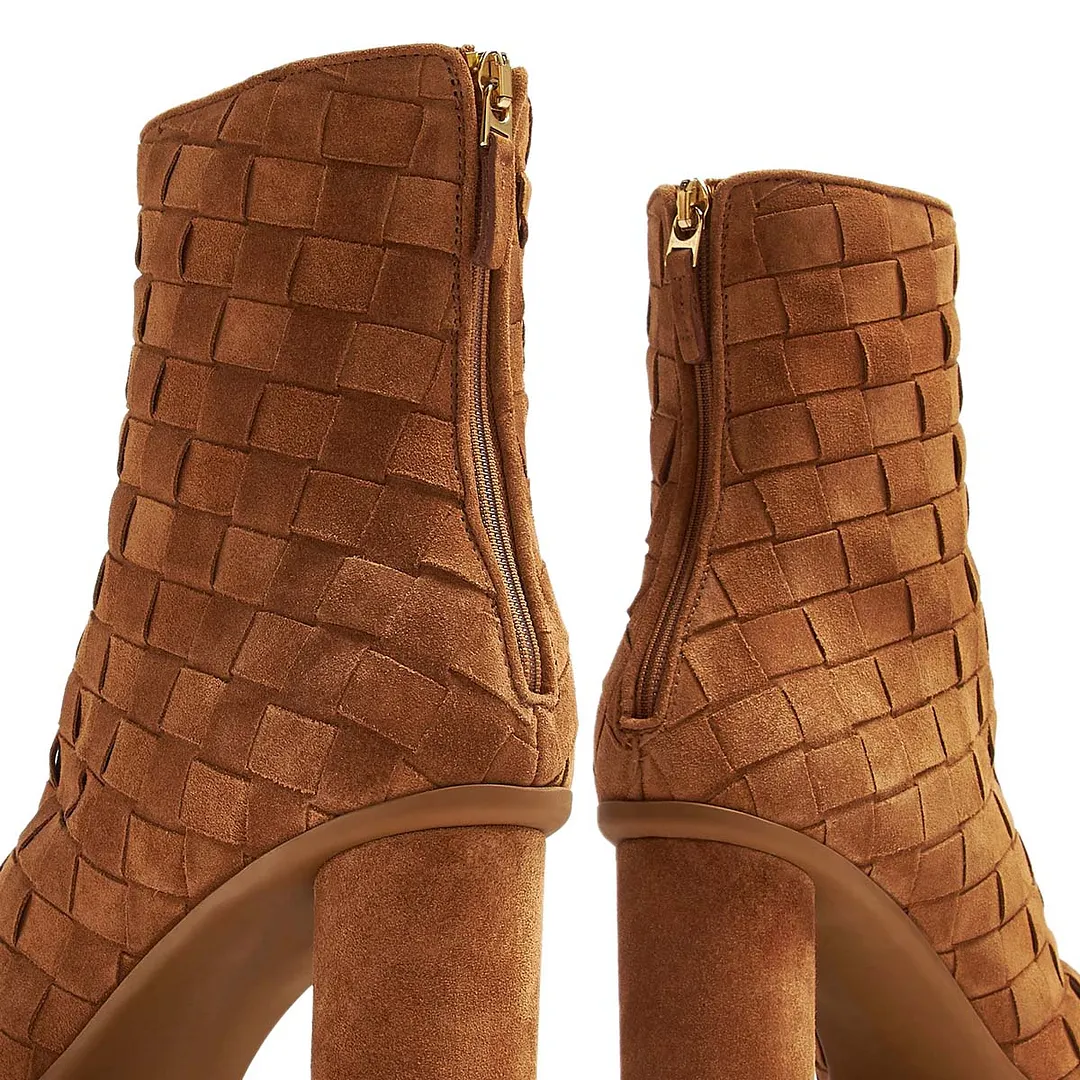 Brown Vegan Suede Cylinder Heel Woven Zipper Booties for Women
