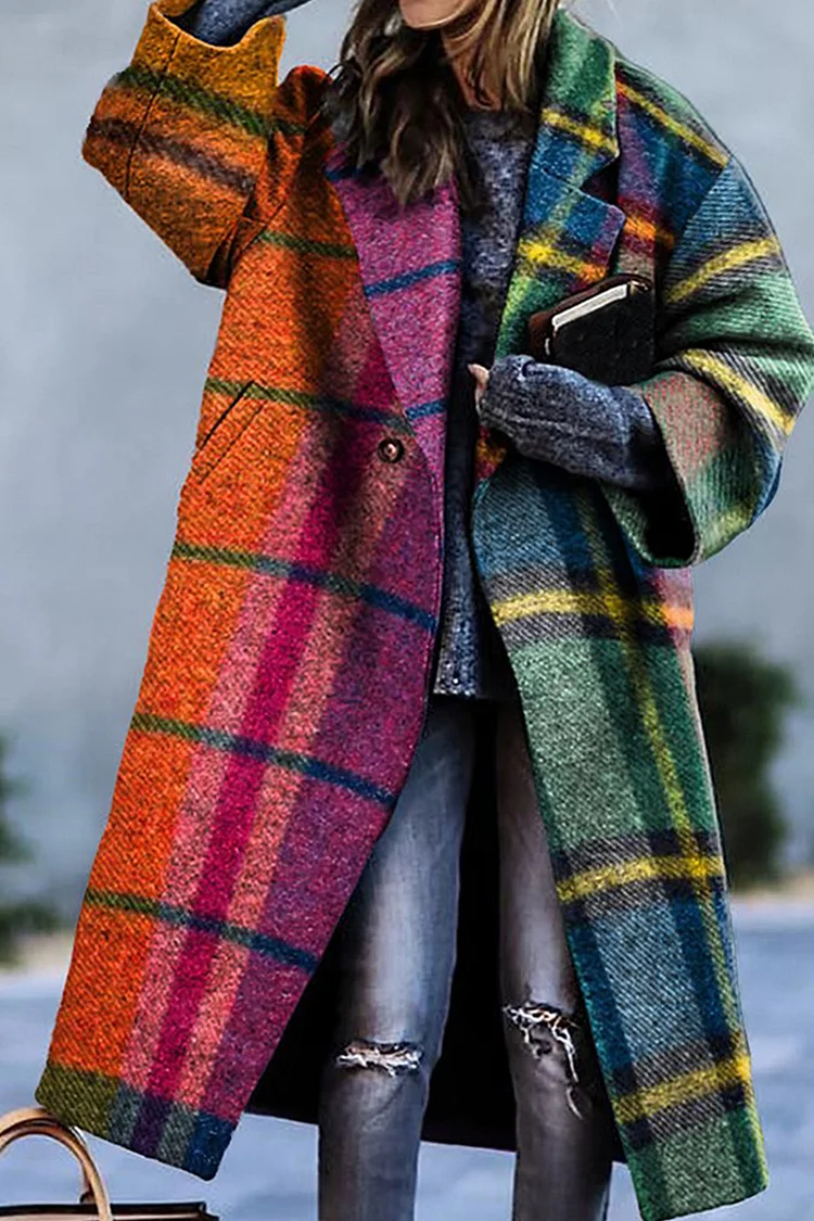 Flycurvy Plus Size Casual Multicolor Lapel Collar Plaid Colorblock Long Woolen Coat