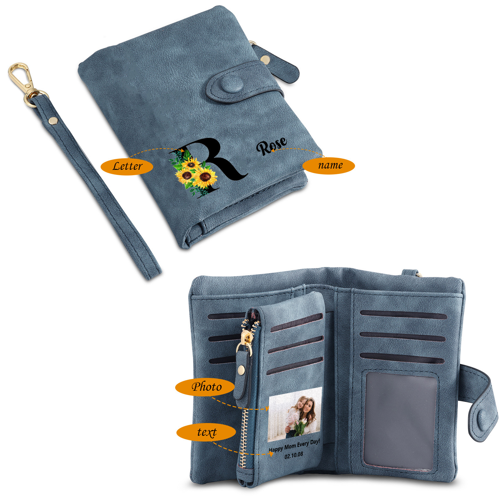 Portafoglio in PU pelle girasole con 1 letetra & 1 testo & 1 nome & 1 foto personalizzati per mamma/nonna