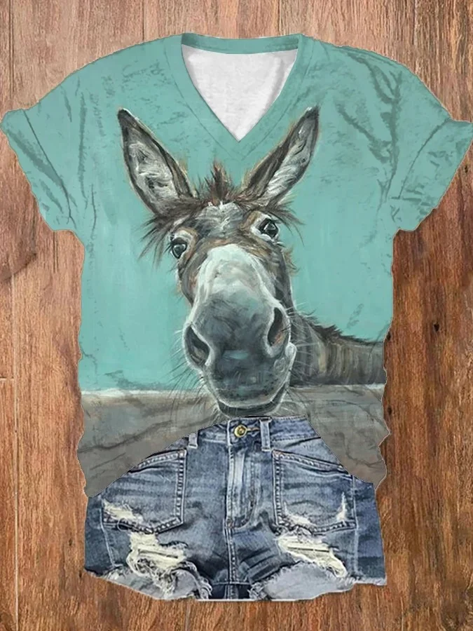 Women's Funny Donkey Print Casual V-Neck Tee
